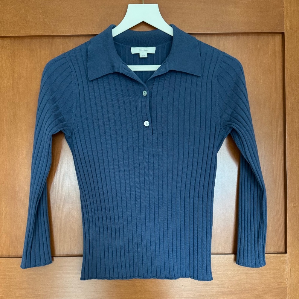 NWOT Vince Ribbed Wool Three-Quarter-Sleeve Polo Sweater, XS